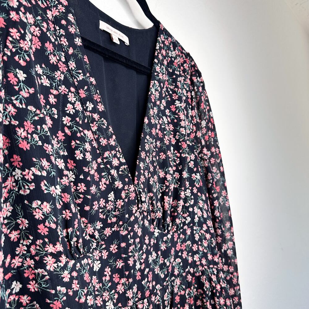 Skies Are Blue Black Floral Long Puff Sleeve Low Cut Button Front Midi Dress Lg - Picture 5 of 13